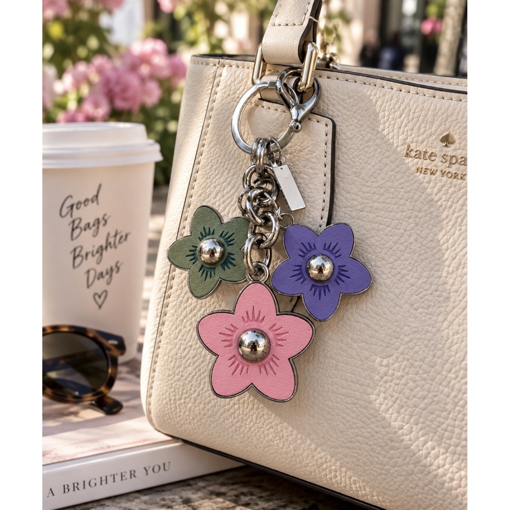 Leather Flower Cluster Bag Charm Keychain Pink Purple Green Silver Tone NEW